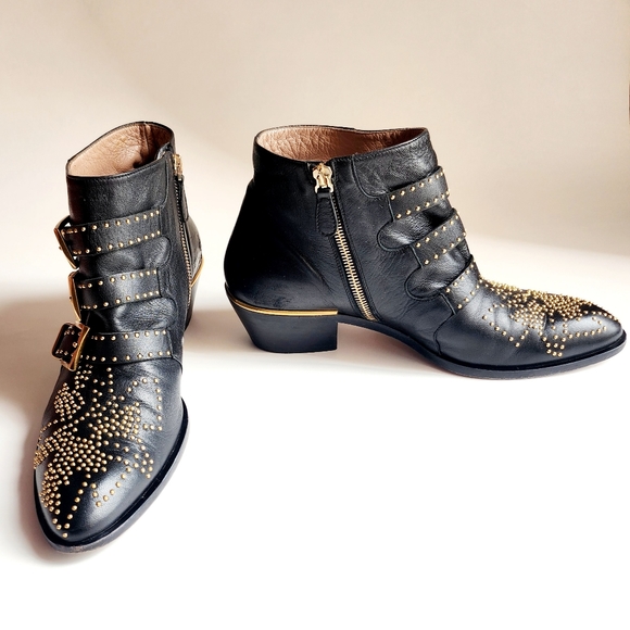 Chloé Women's Black Leather Susanna Pointed-Toe Studded Booties Boots Size 37 - Picture 3 of 16